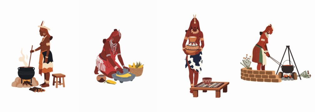 Vector illustrations of African tribal women performing traditional daily activities including cooking over an open fire, grinding corn, and carrying ceremonial vessels.