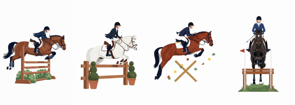 Set of four equestrian show jumping illustrations featuring riders on different horses clearing various hurdles, isolated on white background.