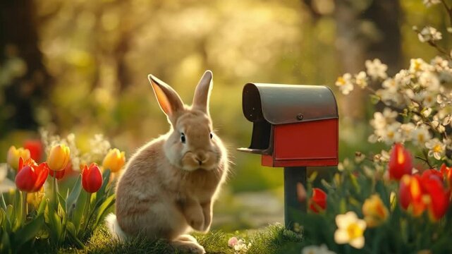 Cute bunny delivering gift in spring garden with tulips and blossoms. Easter, Pascha, Paskha, Ostern, Pascua, Paques - Orthodox and Catholic Holiday celebration