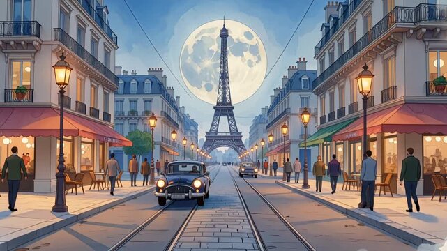 A nighttime scene of Parisian streets with Eiffel Tower under full moonlight and a car driving down