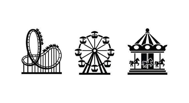 Amusement park rides including a rollercoaster ferris wheel and carousel silhouette