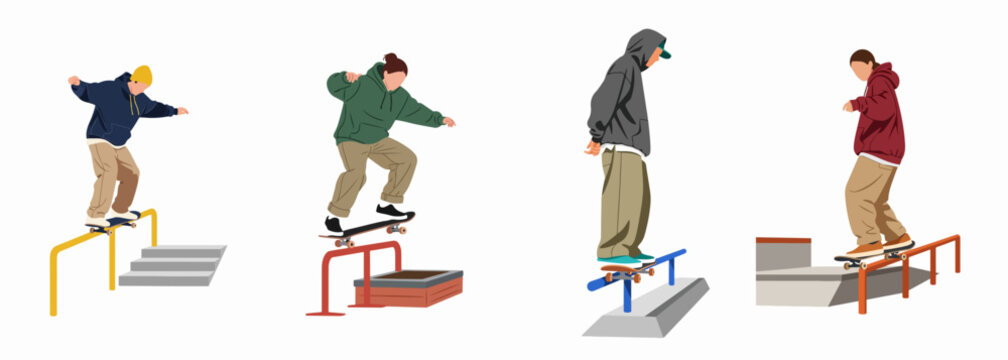 Set of flat illustrations showing young skateboarders performing grinding and sliding tricks on rails and ledges in a minimalist style.