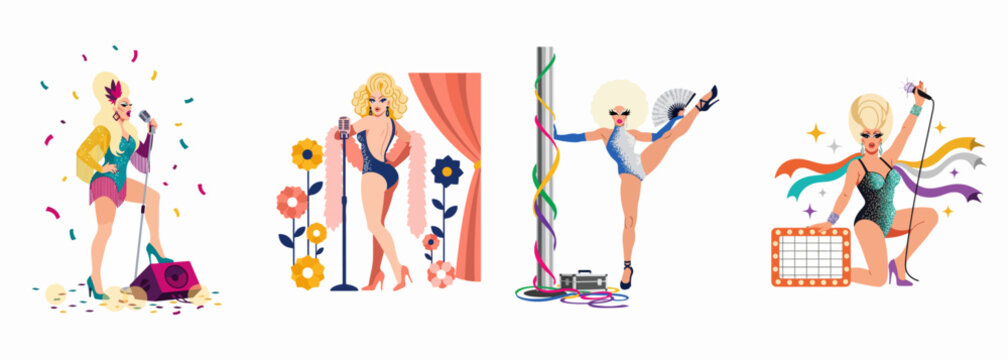 Set of colorful drag queen character illustrations performing on stage with glittery outfits, glamorous wigs, and microphones in a flat art style.