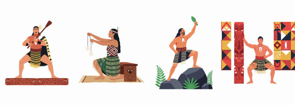 Illustrations of Maori people showcasing traditional culture, dance, weapons, and wood carvings from New Zealand, including a haka performer, poi dancer, and warrior.