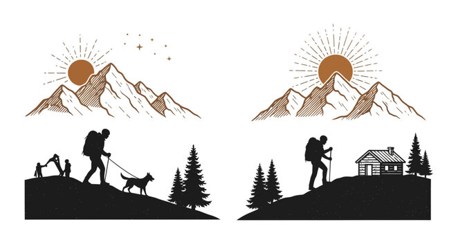 Mountain hiking adventure illustrations with sun stars trees and dog elements