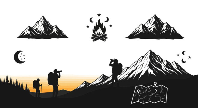 Mountain landscape illustration featuring hikers campfire and navigation map elements