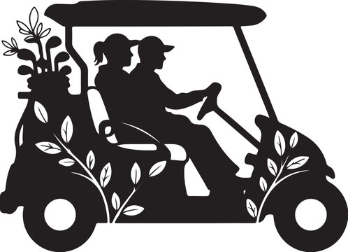 Black silhouette of couple riding golf cart with golf clubs