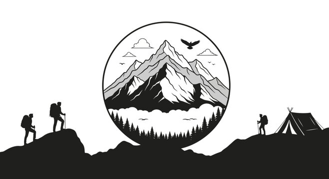 Mountain landscape illustration featuring hikers nature and camping elements