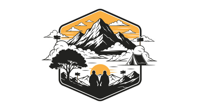 Mountain landscape illustration with silhouettes of people enjoying nature