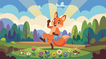 A cheerful fox performing a dance in a vibrant natural setting, surrounded by flowers and sunshine, embodying the joy and spontaneity of life and nature’s beauty. © Binglong