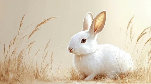 White rabbit in wheat field with golden sunlight. Easter, Pascha, Paskha, Ostern, Pascua, Paques - Orthodox and Catholic Holiday celebration