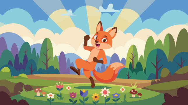 A cheerful fox performing a dance in a vibrant natural setting, surrounded by flowers and sunshine, embodying the joy and spontaneity of life and nature&rsquo;s beauty.