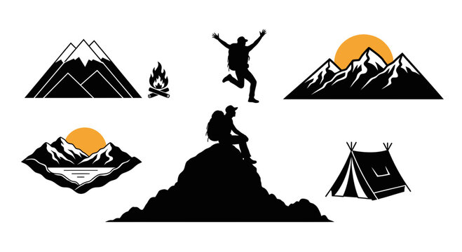 Outdoor adventure icons mountains campfire silhouette hiker camping tent sun