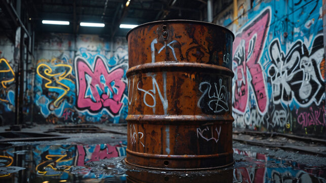 Rostiges &Ouml;lfass mit Graffiti in Lagerhalle