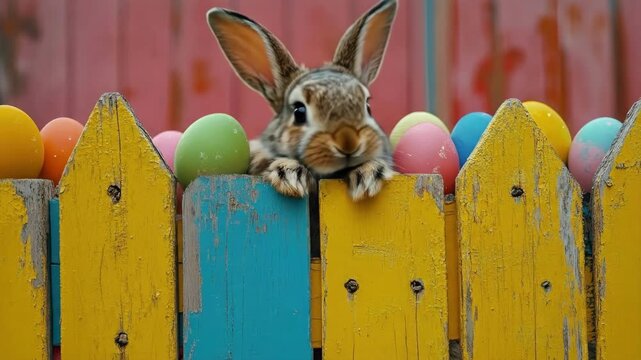 Adorable bunny with colorful easter eggs on painted wooden fence. Easter, Pascha, Paskha, Ostern, Pascua, Paques - Orthodox and Catholic Holiday celebration