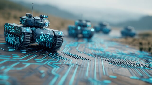 Futuristic tank cyber road digital circuit modern war blue technology military vehicle armored machine battlefield artificial intelligence innovation Futuristic tank cyber road over digital