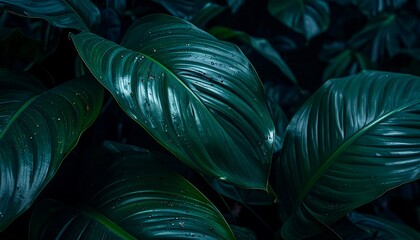 Naklejka premium Dramatic close-up of deep green tropical leaves, showcasing the lush texture and intricate patterns of nature's vibrant foliage in a serene setting