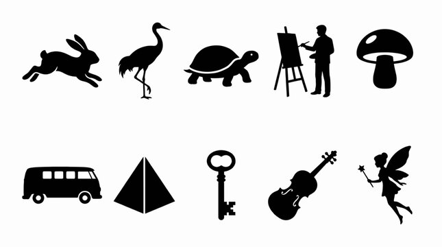 Black silhouette icon set with 10 vector elements, minimalist animal and object symbols, flat graphic design collection for web and print