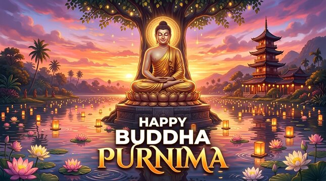 Happy Vesak Day Poster Design with Buddha Purnima Statue Vesak Day is a holy day for Buddhists