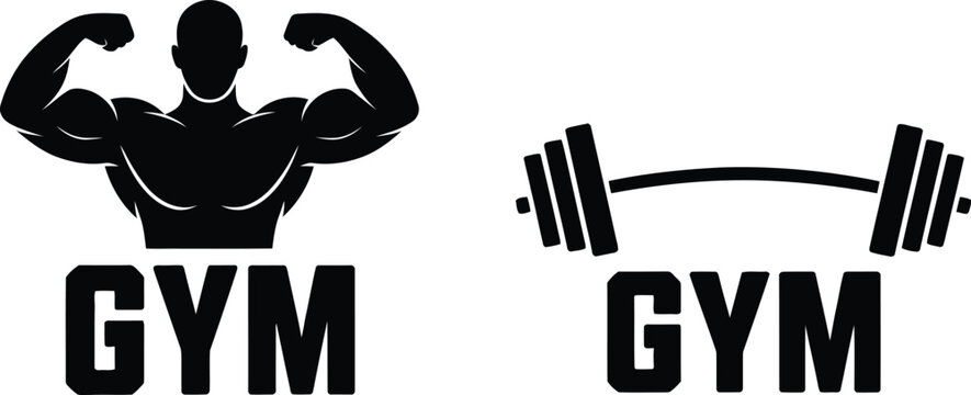 Black and white gym and weightlifting logo design featuring flexing muscle and barbell