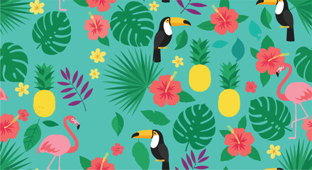 Obraz premium A vibrant tropical pattern featuring flamingos, toucans, and bright flowers