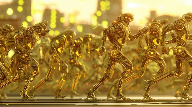 Futuristic robot army golden android war technology concept science fiction city background glowing sunset dramatic atmosphere