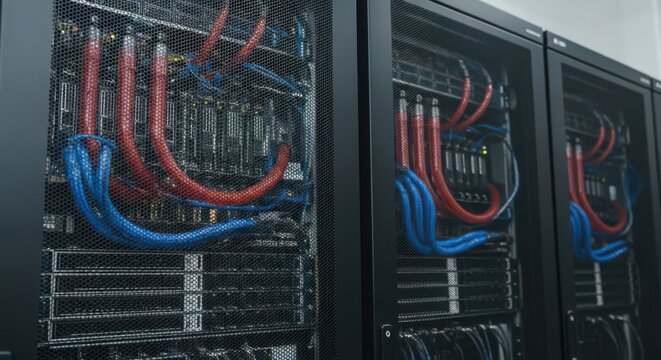 Rows of server racks with intricate liquid cooling systems featuring blue and red tubing for advanced data processing.