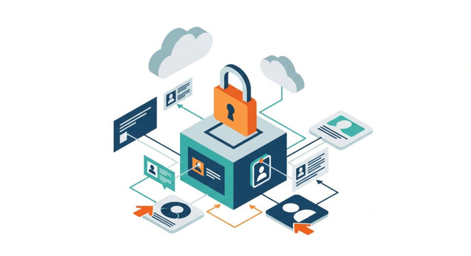 Isometric Data Security Cube with Padlock and Cloud Connection.