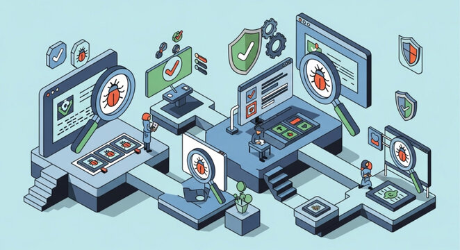 Isometric Illustration of Software Testing and Debugging Process.