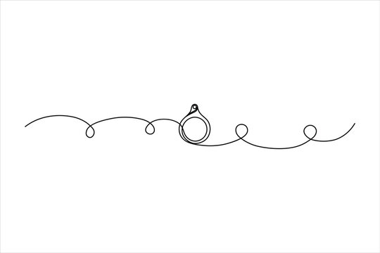 Elegant one-line art of a wedding ring featuring a decorative swirling path. Minimalist, thin-stroke design for luxury branding and bridal stationery.