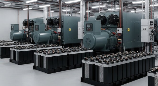 Industrial data center backup power system with rows of batteries and generators