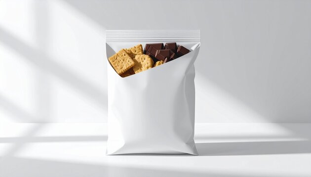 A white package sits on a surface with snacks and chocolate inside.