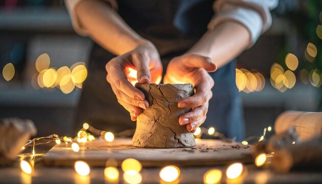 A close-up of hands shaping a glowing clay sculpture, capturing the creative process with warm and artistic lighting