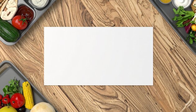A food tray with a blank paper label sits on a wooden table surrounded by various food trays.