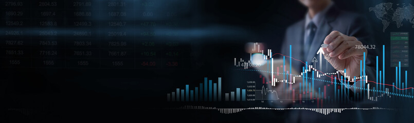 Analysis financial growth graph and stock market investment. Finance analyst analyzing financial business development report, planning and strategy. Business goal and target, successful business