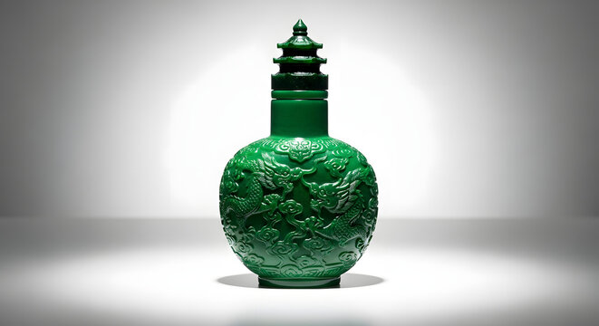 Intricately Carved Green Jade Dragon Bottle with Pagoda Cap