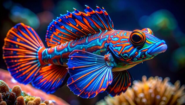 A glowing mandarin dragonet fish in extreme close-up, traced with vivid neon orange and electric blue accents, showcasing intricate patterns and vibrant marine beauty