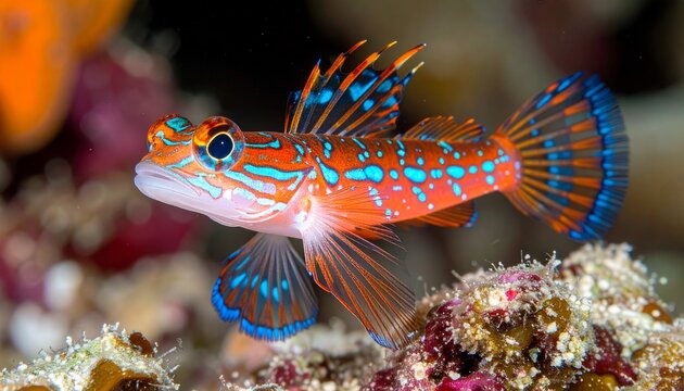 Extreme close-up of a mandarin dragonet illuminated with bright neon orange and blue outlines, highlighting its detailed texture and striking colors.