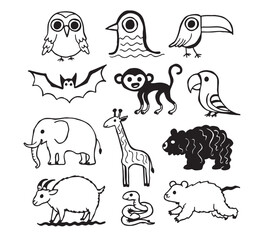 Obraz premium Hand-drawn black and white cartoon animals, a delightful collection of diverse wildlife for children's books, education, and playful graphic designs