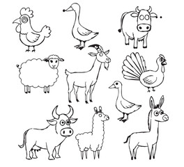 Obraz premium An endearing assortment of common farm animals illustrated in a distinctive, simplistic cartoon style, perfect for children's learning and agricultural graphics
