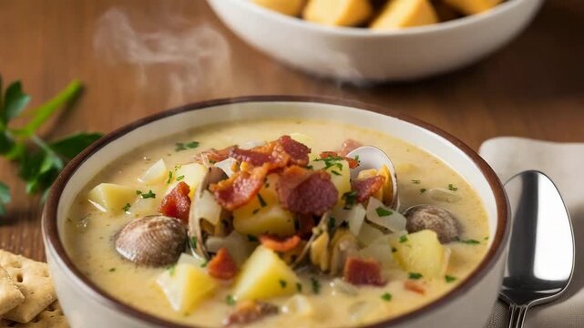 Delicious clam chowder with bacon and potatoes, a comforting culinary experience