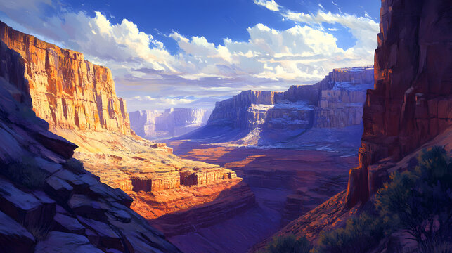 dramatic aerial view of a vast canyon landscape with towering cliffs and a serene blue sky