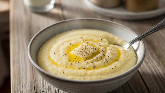 A close-up view of creamy polenta with a swirl of olive oil in a bowl, perfect for breakfast