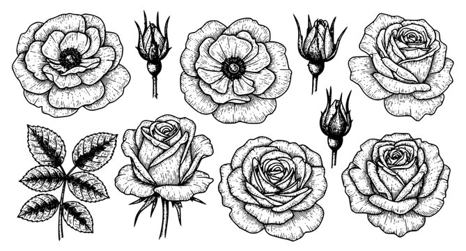 Vintage engraved rose vector set antique floral illustration black line art roses isolated on white