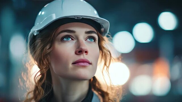 Visionary Builder: A determined female construction worker, adorned in a pristine white hardhat, gazes upward with unwavering focus and a resolute expression. She exudes confidence.