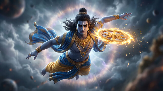 Lord Krishna illustration cosmic flight sudarshan chakra action background wallpaper divine