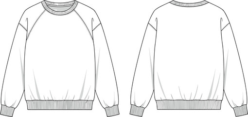 Blank Oversized Raglan Sleeve Sweatshirt Technical Flat Sketch Vector Template with Front and Back View for Fashion Design and Mockup © BIPUL