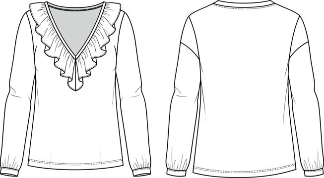Women V Neck Ruffle Blouse Technical Flat Sketch Fashion Template Front and Back View Long Sleeve Top Vector Illustration Drawing