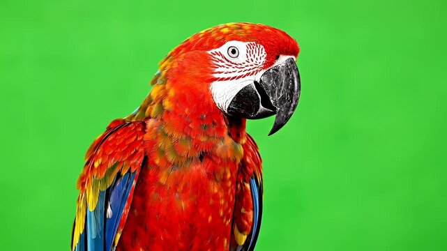Close-up view of a colorful macaw parrot with vivid red, yellow, and blue feathers turning its head against a bright green background