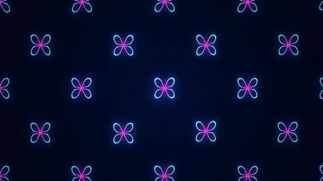 Repeating pattern of small glowing pink and blue neon four petal flowers on a dark navy background. Abstract digital floral wallpaper perfect for wellness beauty technology and modern creative project